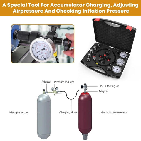 Pro Grade Nitrogen Accumulator Charging Kit For Hydraulic Systems With Pressure Test Tool, Three Gauges 1500 4500 6000 Psi, Seven Adapters, Gas Hose And Main Valve Body, Excavator Gas Filling Tool