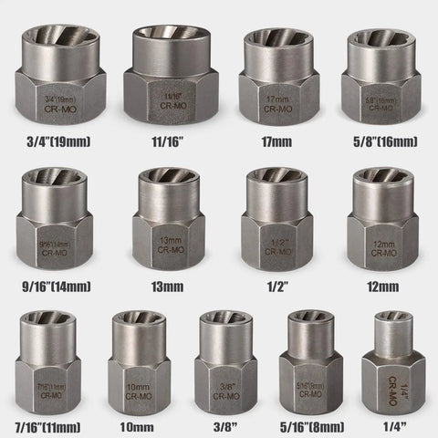 Impact Bolt And Nut Remover Set 14 Piece With Solid Storage Case Heavy Duty Bolt Extractor Tools for damaged stripped rusted or frozen fasteners
