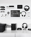 Double Pack Metal Pegboard Panels for Walls with gadgets, headphones, and decor in a white finish for office storage