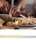 Two views of a 22mm HSS roughing gouge lathe chisel for wood turning, with wooden handle and steel shaft.