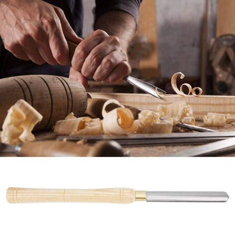 Two views of a 22mm HSS roughing gouge lathe chisel for wood turning, with wooden handle and steel shaft.