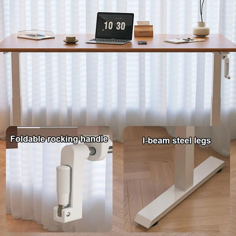 Get Your Posture Locked In With This Cherry Wood Manual Standing Desk And Straight Up Game Changing Crank Lift Mechanism For Home Offices Or Bedrooms Boasting A Foldable Handle And Massive Work Surface showing foldable rocking handle and I-beam steel legs.