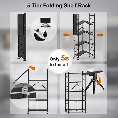 Slick Black Five Tier Foldable Storage Shelf With Casters And Twenty Hooks Quick Kitchen Pantry Cleanup No Fuss Assembly Solid Build For Tight Spaces And Daily Hauls