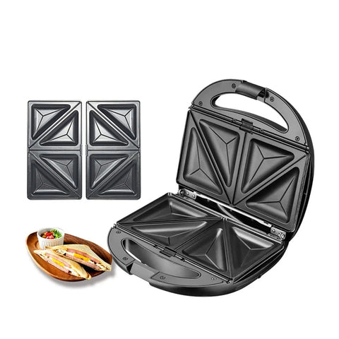 5 in 1 Electric Waffle Maker With Non Stick Coating For Quick Cooking Of Donuts Cake And Panini Presses, showing open appliance with sandwich plates.