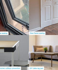 Foam Insulation Tape For Doors And Windows DGSL Half Inch By Quarter Inch By Thirty Three Feet Weather Stripping Seal in use on window, door frame, table corner, and table leg.