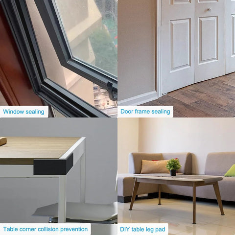 Foam Insulation Tape For Doors And Windows DGSL Half Inch By Quarter Inch By Thirty Three Feet Weather Stripping Seal in use on window, door frame, table corner, and table leg.