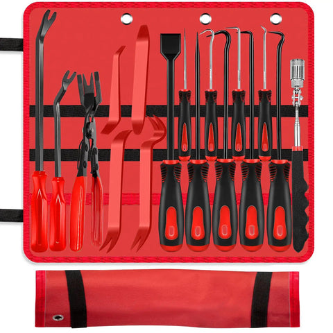 17 Piece Pick And Hook Set With Trim Removal Tool, Clip Pliers, Fastener Remover, Scraper And Magnetic Telescoping Tool Kit For Automotive Repair, Upholstery And Electronics Maintenance, The Must Have Handy Set