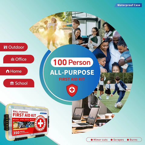 Image of 350 Piece All Purpose Emergency First Aid Kit With Waterproof Case for home, office, outdoor, school use.