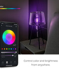 No Hub Smart LED Bulb With Multicolor Spiral Filament WiFi Connected A19 E26 Base in a lamp, app showing color control