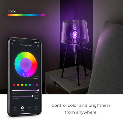 No Hub Smart LED Bulb With Multicolor Spiral Filament WiFi Connected A19 E26 Base in a lamp, app showing color control