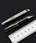 Alloy Pocket Tweezers For Camping And Hiking Gear next to ruler, compact rust-resistant tool for travel