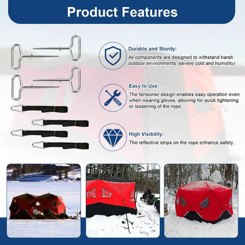 Shelter Tie Down Kit With Four Ice Anchors And Four Straps With Integrated Tighteners Heavy Duty Ice Fishing Tent Anchors product features