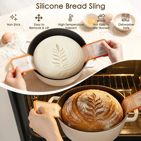 Beginner Friendly Sourdough Starter Kit With Round And Oval Banneton Baskets in use, showing dough in silicone bread sling.