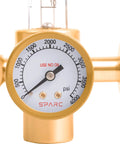 SPARC argon welding gas regulator with brass body and round psi gauge.