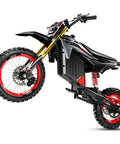 Power Packed 3500W Peak Electric Dirt Bike for Teens and Adults, Hits Up To 37 MPH, shown on stand with red accents