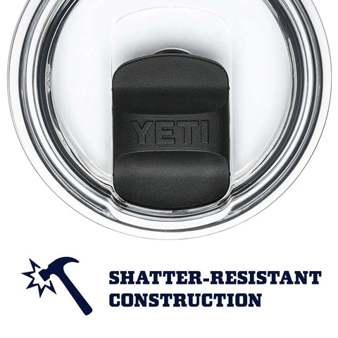 Close-up of MagSlider lid on Rambler 20 Oz Tumbler Stainless Steel Vacuum Insulated With MagSlider Lid Black, shatter-resistant construction.