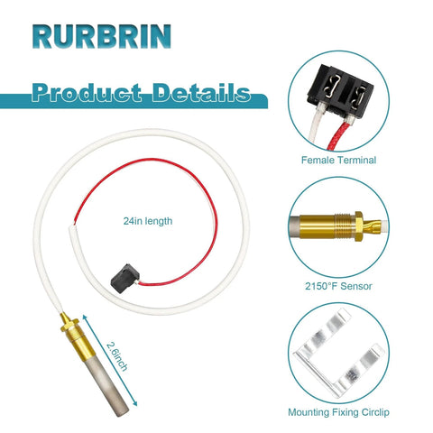 RURBRIN LP thermopile sensor with 24in white cable and brass tip; includes black female terminal and mounting clip