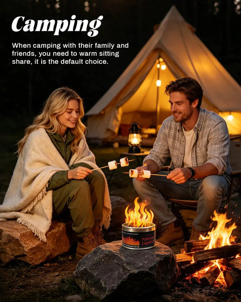 Couple roasting marshmallows on Portable S'mores Fire Pit For Outdoor Fun, 3-5 Hour Burn Time, during camping