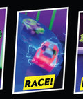 Battle Racers Green Storm Micro Scale Car With Launcher action sequence showing boost, race, and battle stages.