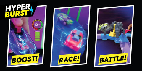 Yellow Crusher Battle Racers Micro Scale Car With Launcher showing boost, race, and battle stages with vibrant effects