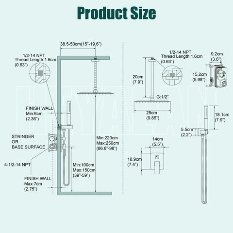 Diagram showing dimensions of Ceiling Mount Shower Faucet Set With 12 Inch Square Fixed Shower Head And 2 In 1 Handheld Sprayer.