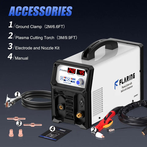 240V Plasma Cutter With Built In Air Compressor And High Frequency Inverter 45A Digital Cutting Machine displayed with accessories