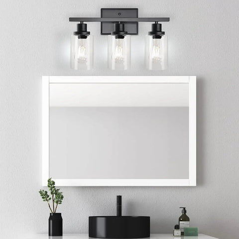 Three Light Black Vanity Light Fixtures With Clear Glass Shades, Dope Modern Wall Sconces for Mirror, Bathroom, E26 Base