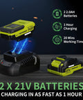 Cordless Leaf Blower 21V With 2 Batteries 2.0Ah And Fast Charger, charging demonstration with power icons