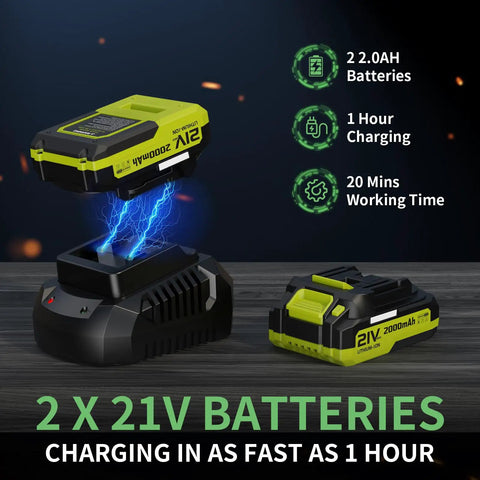 Cordless Leaf Blower 21V With 2 Batteries 2.0Ah And Fast Charger, charging demonstration with power icons