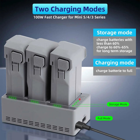 Three Slot Smart Drone Battery Charger Hub for Simultaneous Charging of Drone Batteries showcasing charging modes display
