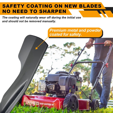 Two Pack Mulching Blades Kit For 21 Inch Deck Honda HRX217 HRX537 Series Lawn Mowers Replacement Upper Blade 72531-VH7-000 Lower High Lift Blade 72511-VH7-000 Easy Install showing blade and mower in use
