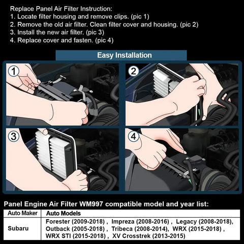 Installation guide for Premium Engine Air Filter For Subaru Cars Including Outback Forester Legacy WRX XV Crosstrek Tribeca 2005 To 2018 Models Replacement CA9997 WM997 Easy Install And OEM Grade Filtration That Fits Like A Dream
