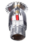 Four Pack Upright Fire Sprinkler Heads Featuring One Half Inch Npt Threading Top Shelf Chrome Copper Construction K80 Coefficient one visible sprinkler head with red bulb.