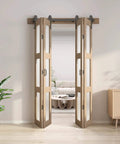 Bifold Glass Barn Door Kit With Hardware 3 Panel Frosted Glass Slab In Brown Wood Grain PVC Water Resistant Finish 48x84 in room