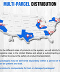 U.S. map showing multi-parcel distribution points with states highlighted in blue, locations marked in red.