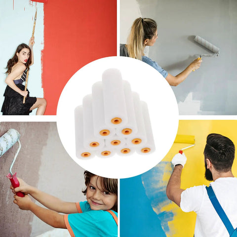 10 Pack High Density Foam Paint Roller Covers for Walls Ceilings Cabinets and Doors Achieve a Hella Smooth Finish on Flat Surfaces in use.