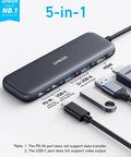 5 In 1 USB C Hub With 4K HDMI, 5Gbps USB C Data, Two 5Gbps USB A Ports, And 100W PD In For MacBook Pro Air Dell And More, cables connected