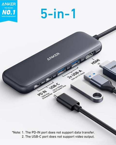 5 In 1 USB C Hub With 4K HDMI, 5Gbps USB C Data, Two 5Gbps USB A Ports, And 100W PD In For MacBook Pro Air Dell And More, cables connected