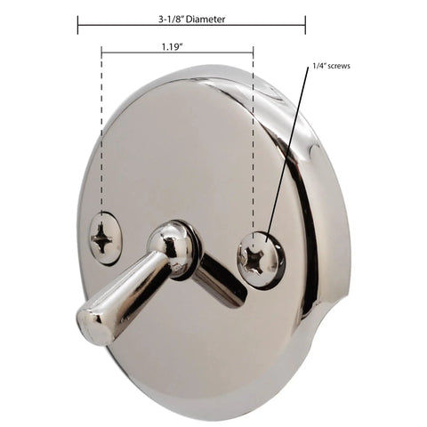 Durable Polished Chrome Trip Lever Overflow Plate With Screws 50 Pack, 3-1/8 Inch diameter, featuring lever and screw holes.