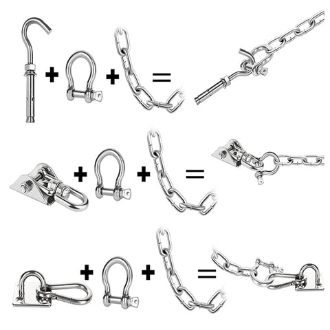Heavy Duty 1/4 Inch Stainless Steel Screw Pin Bow Shackle Set Twenty Pieces Knockout Marine Anchor Clevis Hardware connected with chains.