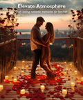 Couple embracing on a deck with 72 Pack Flickering Flameless Tea Lights LED Candles creating romantic atmosphere at sunset.