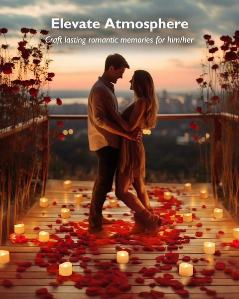 Couple embracing on a deck with 72 Pack Flickering Flameless Tea Lights LED Candles creating romantic atmosphere at sunset.