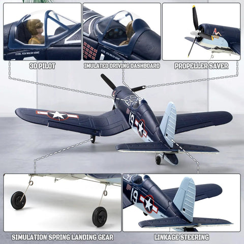Close-up of Brushless 4CH RC Plane with 500mm Wingspan F4U Fighter, showing 3D pilot, dashboard, propeller, and landing gear features.