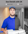 Delivery man holding packages, shown with day and night vision in 2K resolution, illustrating camera quality of Smart Door Lock With Built In WiFi Camera And Doorbell For Front Door 6 In 1 Keyless Entry Deadbolt Fingerprint Sensor Keypad Code App Control And Voice Control Auto Lock IP65 Waterproof.