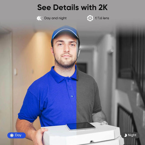 Delivery man holding packages, shown with day and night vision in 2K resolution, illustrating camera quality of Smart Door Lock With Built In WiFi Camera And Doorbell For Front Door 6 In 1 Keyless Entry Deadbolt Fingerprint Sensor Keypad Code App Control And Voice Control Auto Lock IP65 Waterproof.