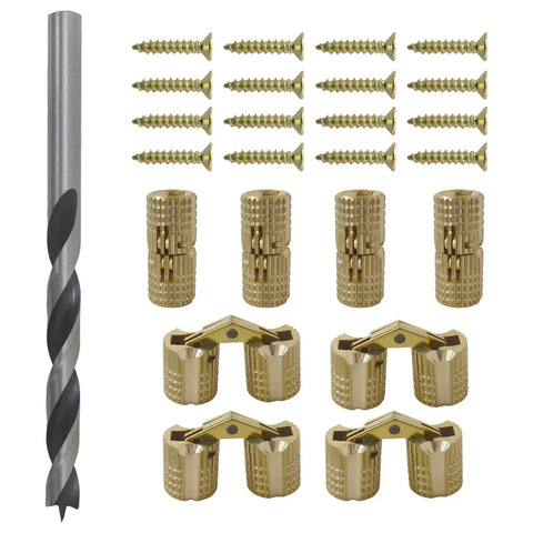 Eight Pieces 8mm Hidden Brass Barrel Hinges with screws and drill bit, gold finish, 180 Degree Concealed Furniture Hinges