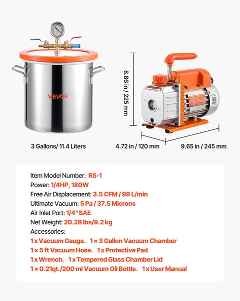 VEVOR 3-Gallon stainless steel vacuum chamber with glass lid and 5 ft hose; two-piece kit with orange RS-1 pump.