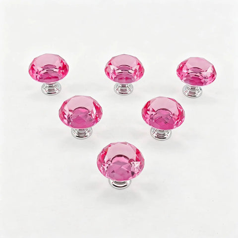 Six Pack Pink Crystal Cabinet Knobs 1.2 Inch Diamond Glass Drawer Pulls For Dresser Vanity Bathroom Decor With Screws Cute Girl Room Handles Chrome Base Elegant Diamond Style Hardware