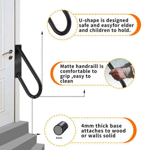 Diagram showing Rugged 20 Inch Wall Mount Hand Rail For Outdoor Steps Non Slip U Shape Stair Railing attached to steps and features.