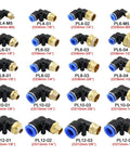 Pneumatic Air Connector Kit With Elbow Fittings And Quick Connect Hose For 4 6 8 10 12 Millimeter Lines Thread Sizes One Eighth One Quarter Three Eighths One Half Inch PL12 04 displayed in various sizes and thread types